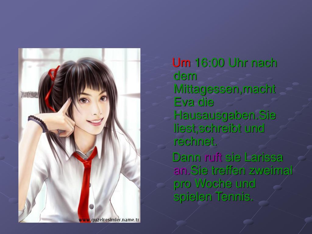 Um 16:00 Uhr nach dem Mittagessen,macht Eva die Hausausgaben
