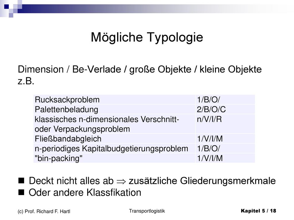 Mögliche Typologie Dimension / Be-Verlade / große Objekte / kleine Objekte. z.B. Deckt nicht alles ab  zusätzliche Gliederungsmerkmale.