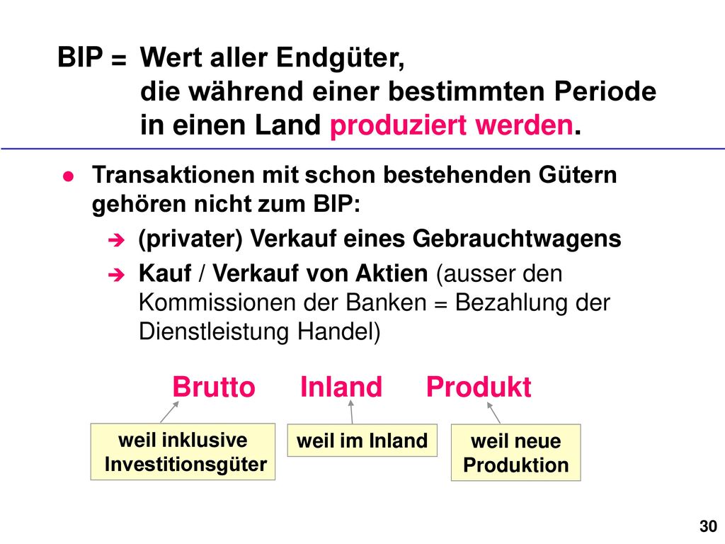 BIP = Wert aller Endgüter, die während einer bestimmten Periode in einen Land produziert werden.