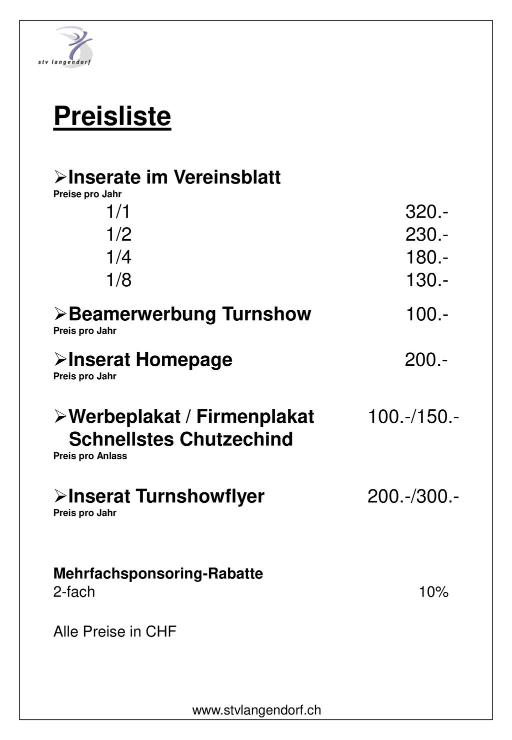 Preisliste Inserate im Vereinsblatt 1/ / /