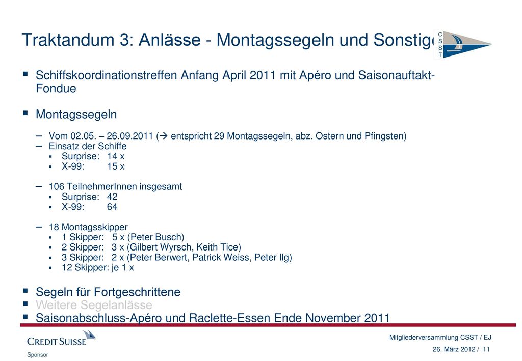 Traktandum 3: Anlässe - Montagssegeln und Sonstige