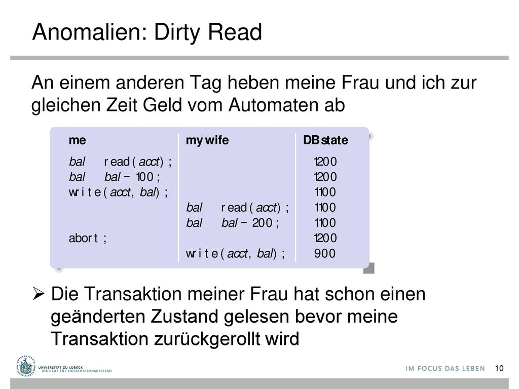Anomalien: Dirty Read An einem anderen Tag heben meine Frau und ich zur gleichen Zeit Geld vom Automaten ab.