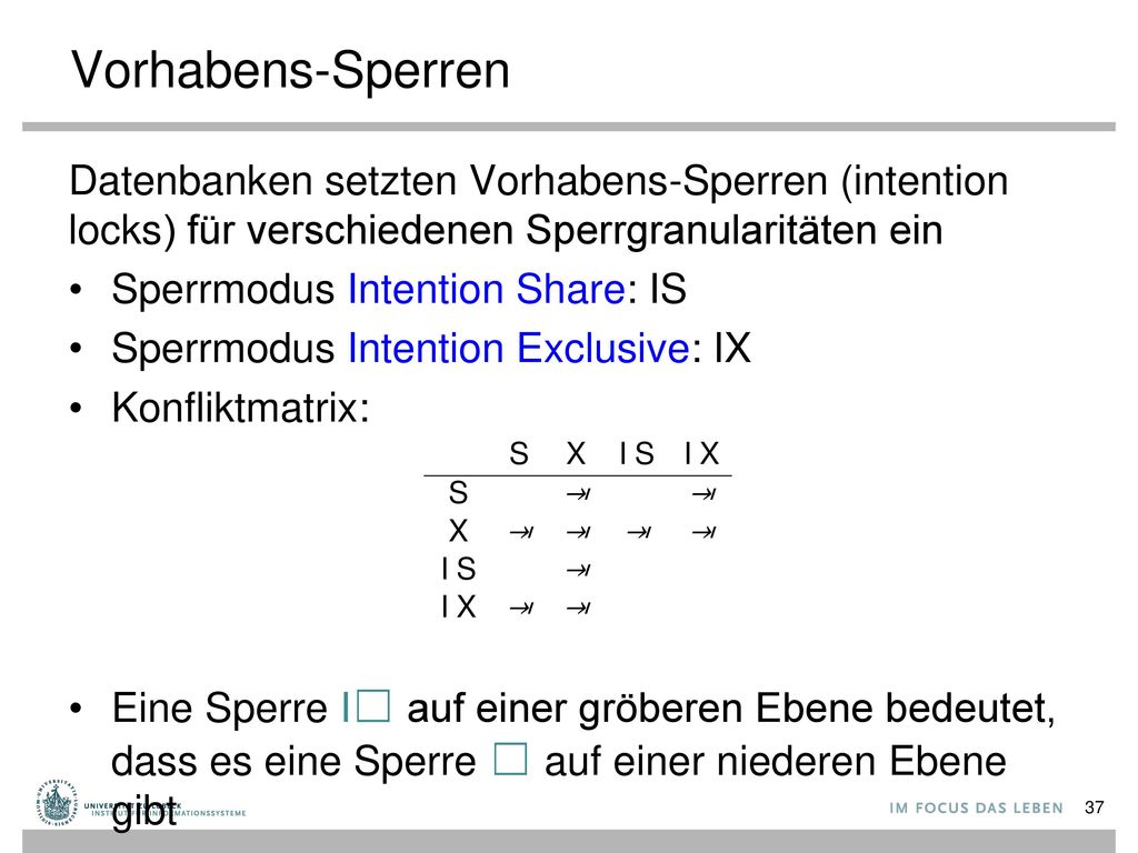 Vorhabens-Sperren Datenbanken setzten Vorhabens-Sperren (intention locks) für verschiedenen Sperrgranularitäten ein.