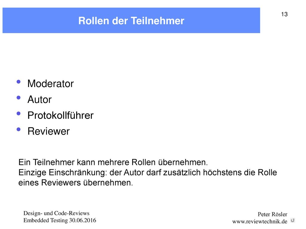Rollen der Teilnehmer Moderator Autor Protokollführer Reviewer