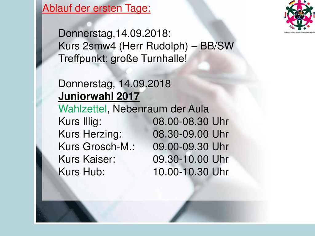 Ablauf der ersten Tage: