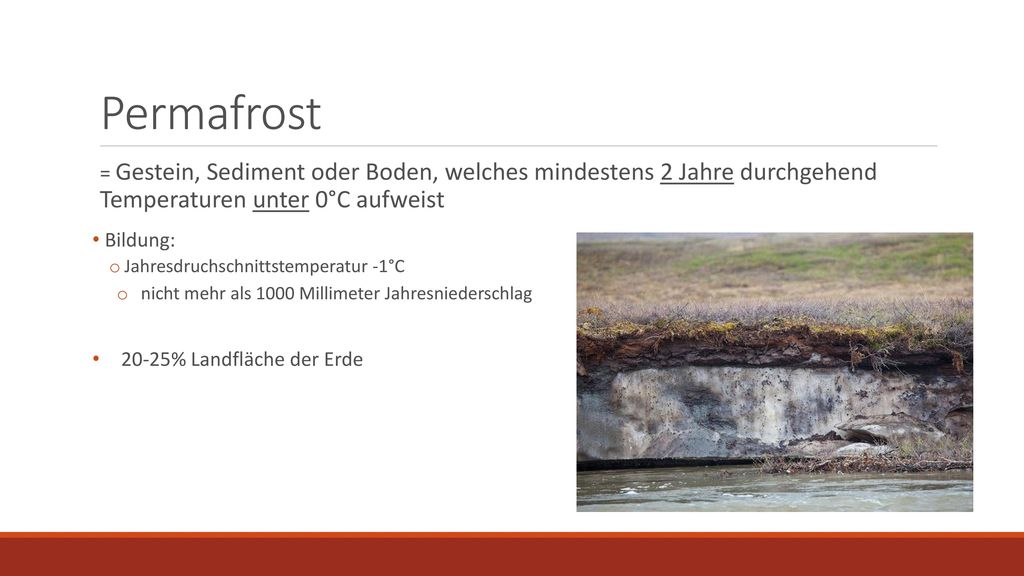 Permafrost = Gestein, Sediment oder Boden, welches mindestens 2 Jahre durchgehend Temperaturen unter 0°C aufweist.