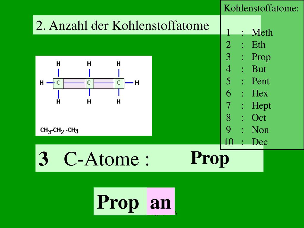 3 C-Atome : Prop an Prop 2. Anzahl der Kohlenstoffatome