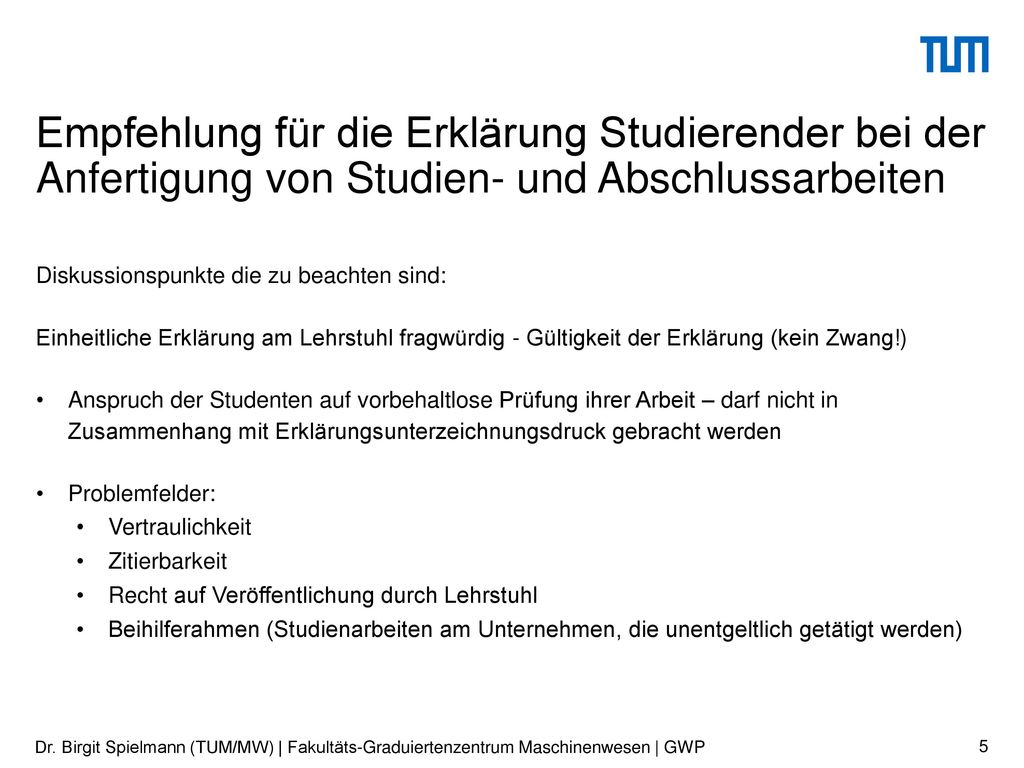 Empfehlung für die Erklärung Studierender bei der Anfertigung von Studien- und Abschlussarbeiten