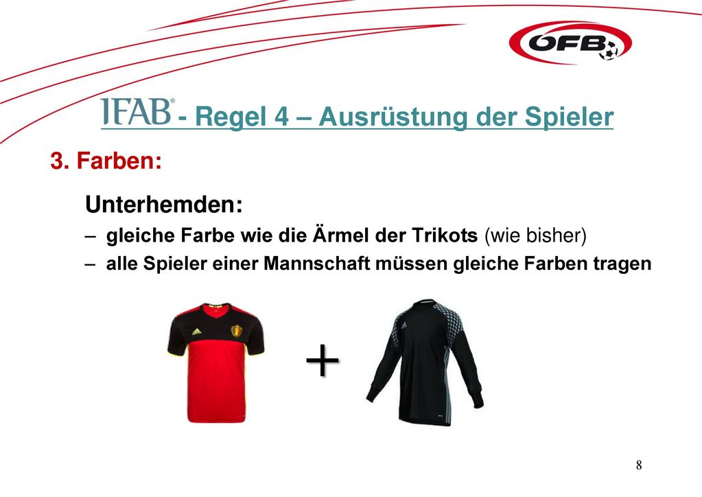 + - Regel 4 – Ausrüstung der Spieler 3. Farben: Unterhemden: