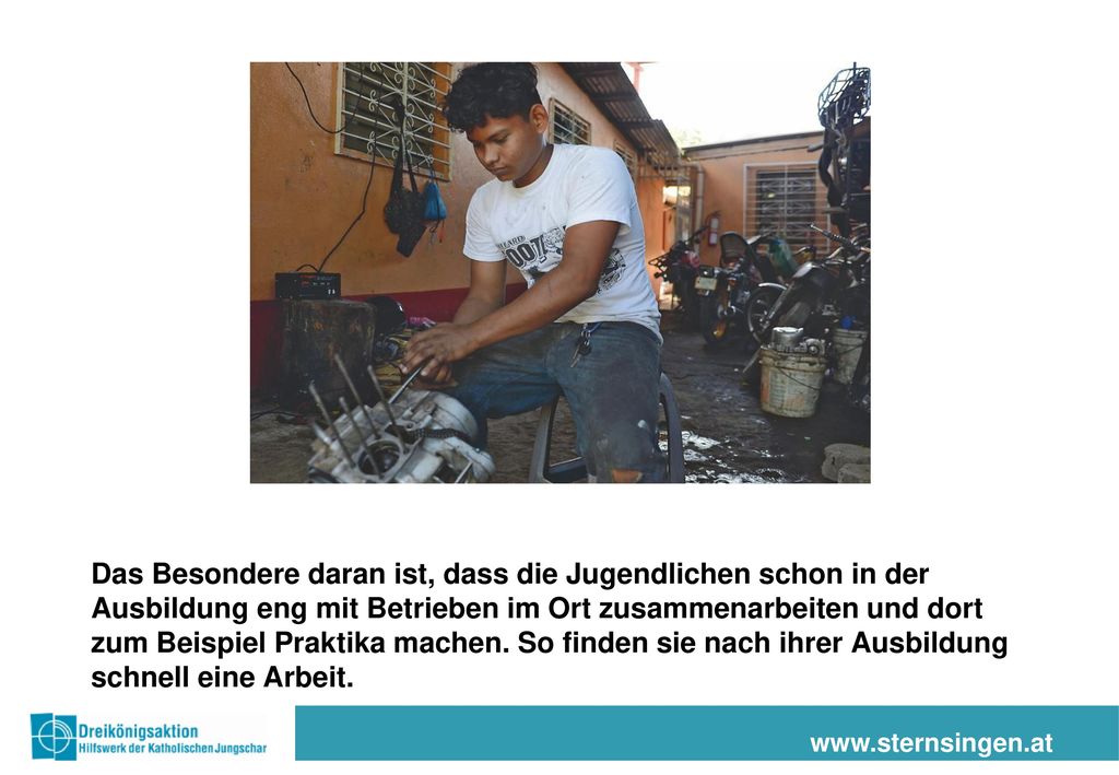 Das Besondere daran ist, dass die Jugendlichen schon in der Ausbildung eng mit Betrieben im Ort zusammenarbeiten und dort zum Beispiel Praktika machen. So finden sie nach ihrer Ausbildung schnell eine Arbeit.