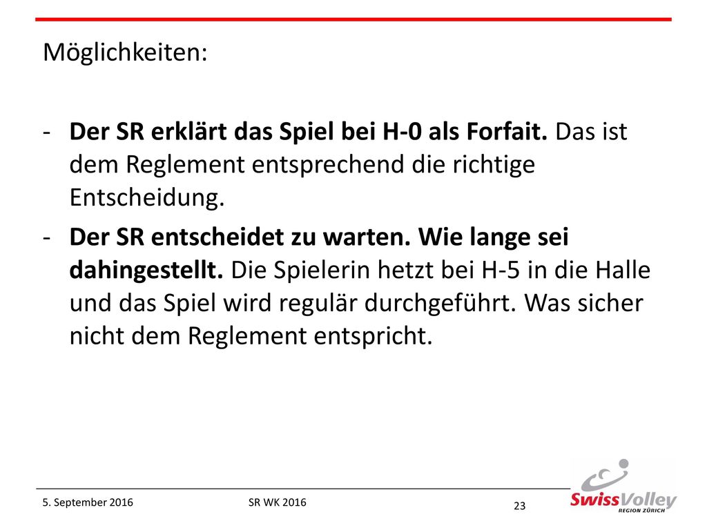 Möglichkeiten: Der SR erklärt das Spiel bei H-0 als Forfait. Das ist dem Reglement entsprechend die richtige Entscheidung.