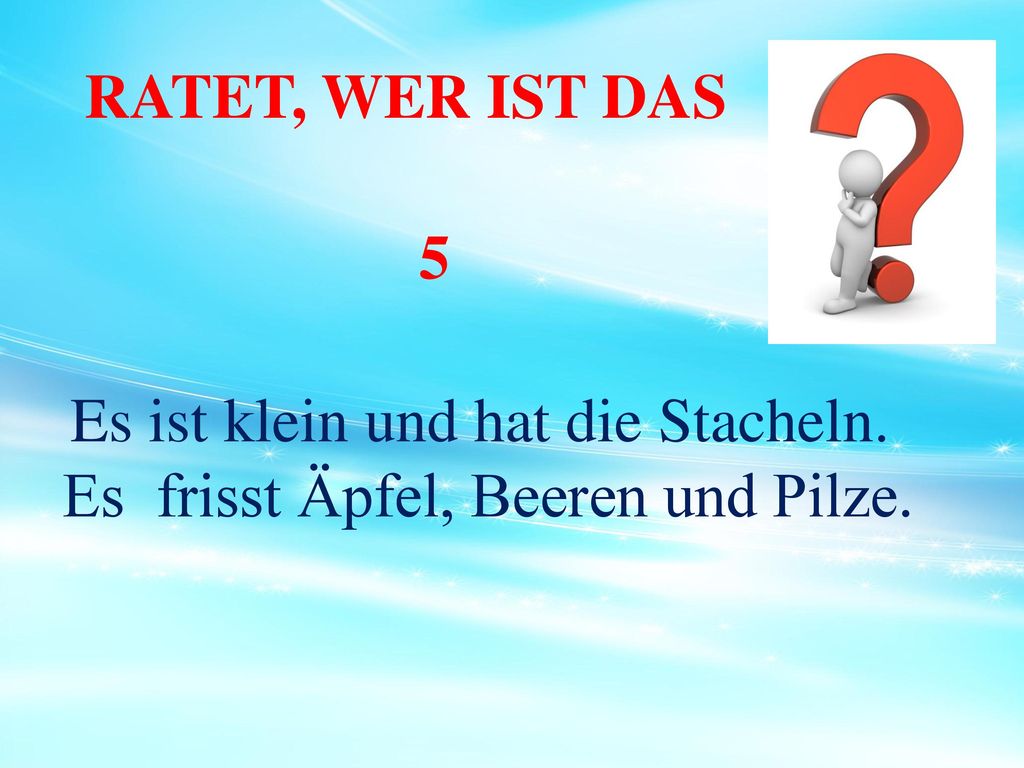 Es ist klein und hat die Stacheln. Es frisst Äpfel, Beeren und Pilze.