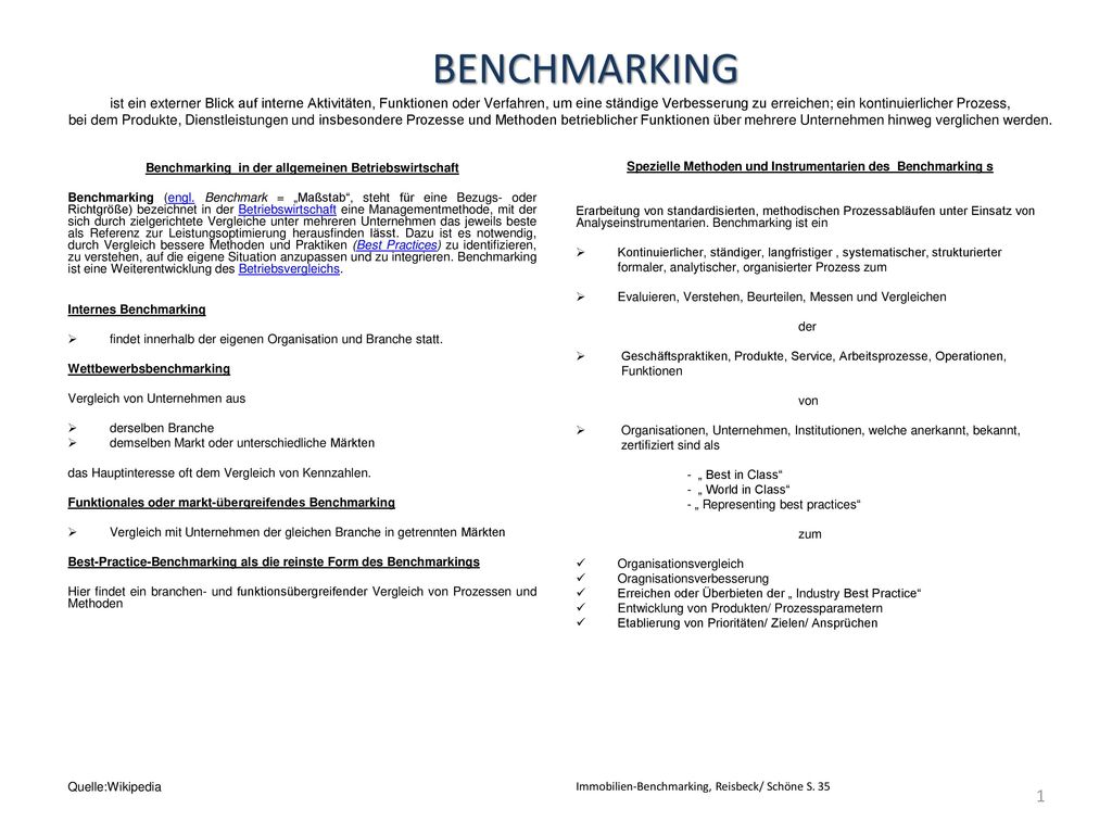 BENCHMARKING ist ein externer Blick auf interne Aktivitäten, Funktionen oder Verfahren, um eine ständige Verbesserung zu erreichen; ein kontinuierlicher Prozess, bei dem Produkte, Dienstleistungen und insbesondere Prozesse und Methoden betrieblicher Funktionen über mehrere Unternehmen hinweg verglichen werden.