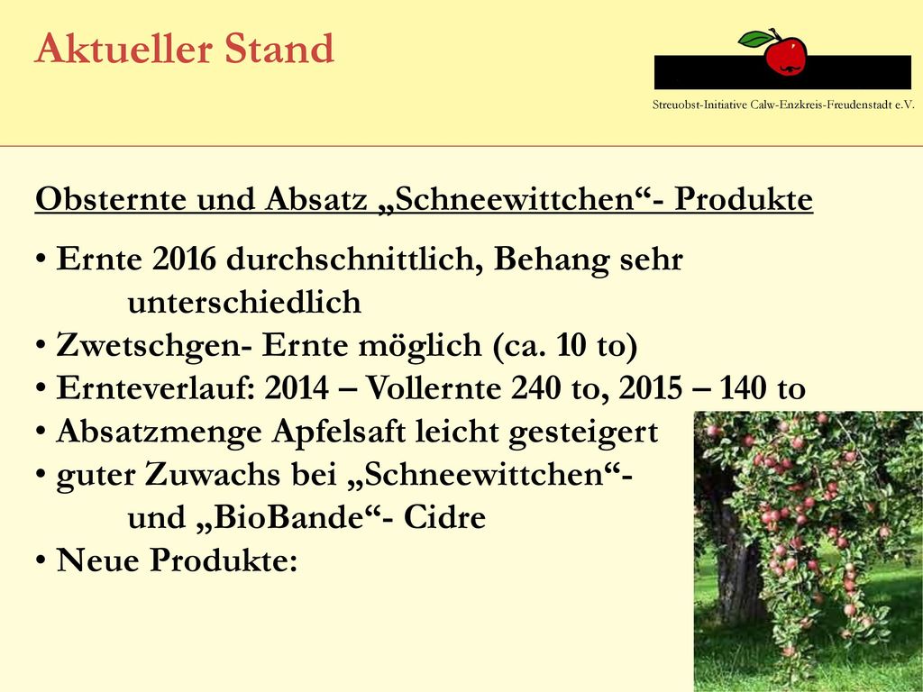 Aktueller Stand Obsternte und Absatz „Schneewittchen - Produkte
