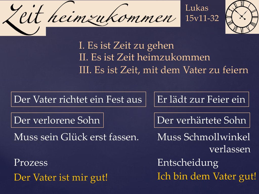 II. Es ist Zeit heimzukommen III. Es ist Zeit, mit dem Vater zu feiern