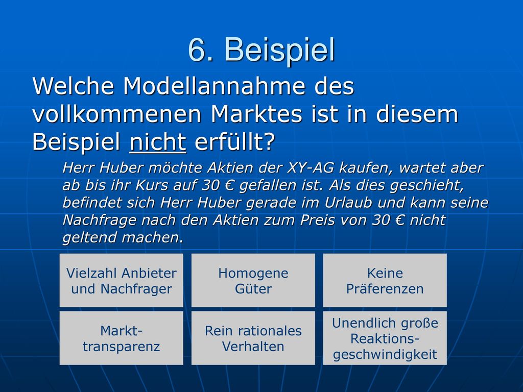 6. Beispiel Welche Modellannahme des vollkommenen Marktes ist in diesem Beispiel nicht erfüllt