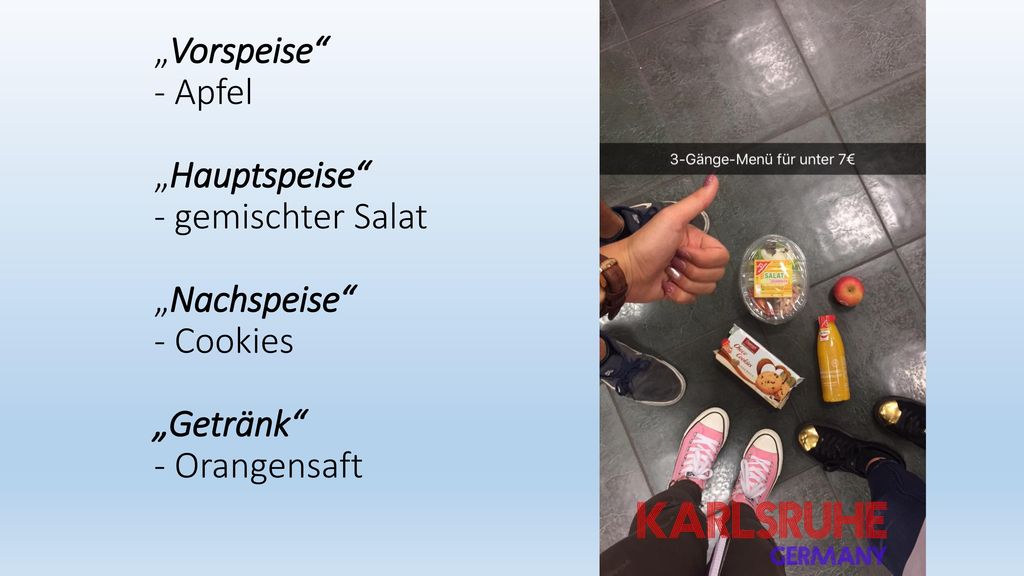 „Vorspeise - Apfel „Hauptspeise - gemischter Salat „Nachspeise - Cookies „Getränk - Orangensaft