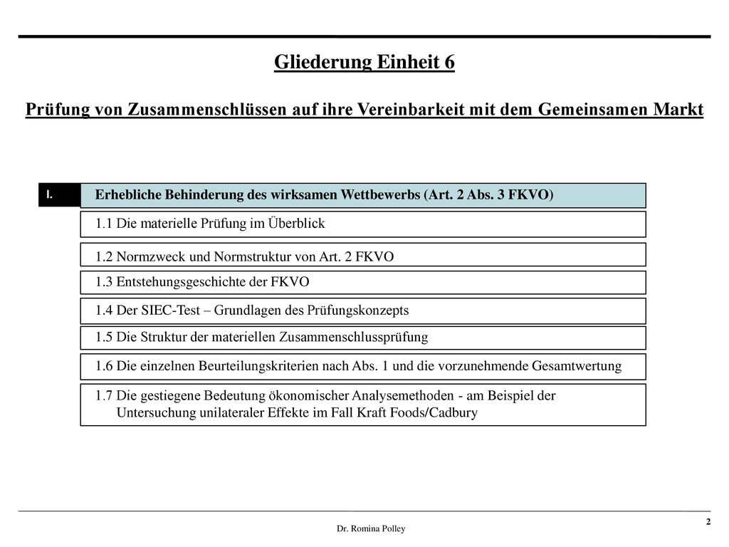 Gliederung Einheit 6 Prüfung von Zusammenschlüssen auf ihre Vereinbarkeit mit dem Gemeinsamen Markt