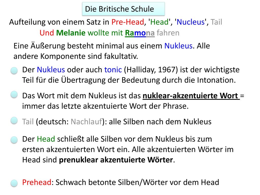 Die Britische Schule Aufteilung von einem Satz in Pre-Head, Head , Nucleus , Tail. Und Melanie wollte mit Ramona fahren.
