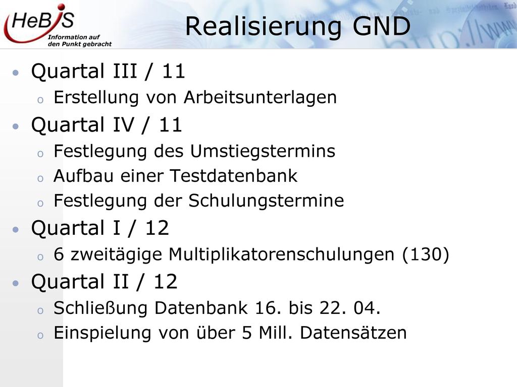 Realisierung GND Quartal III / 11 Quartal IV / 11 Quartal I / 12