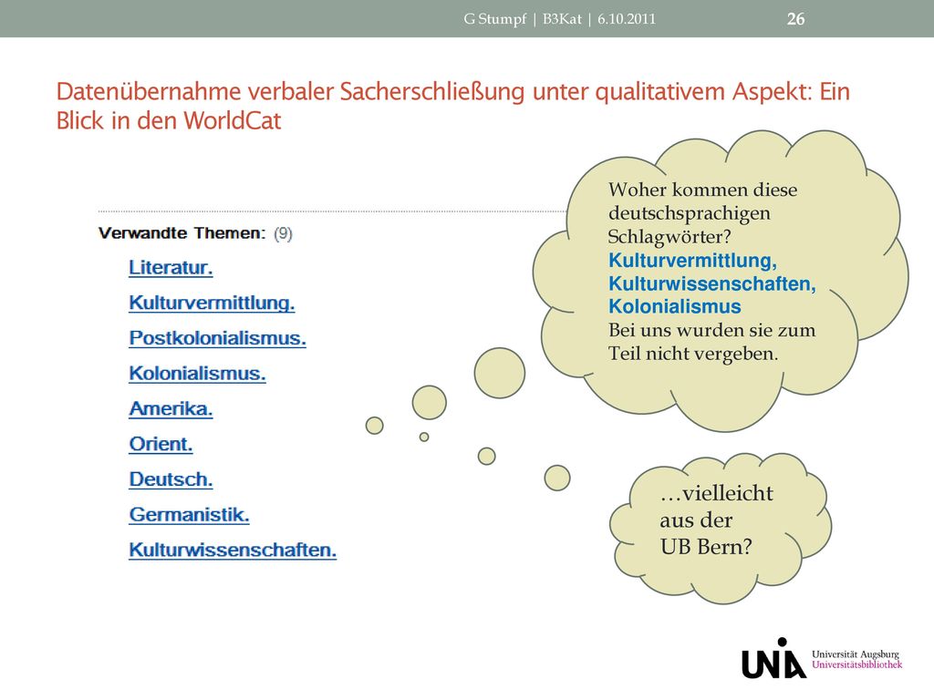 G Stumpf | B3Kat | Datenübernahme verbaler Sacherschließung unter qualitativem Aspekt: Ein Blick in den WorldCat.