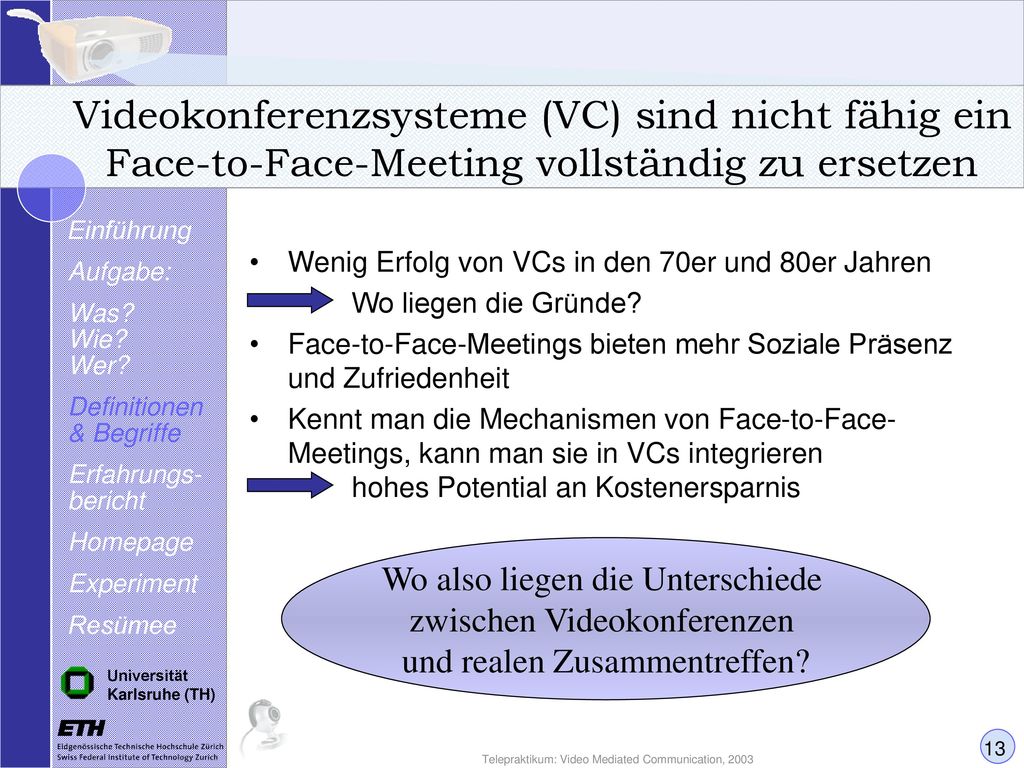 Videokonferenzsysteme (VC) sind nicht fähig ein Face-to-Face-Meeting vollständig zu ersetzen