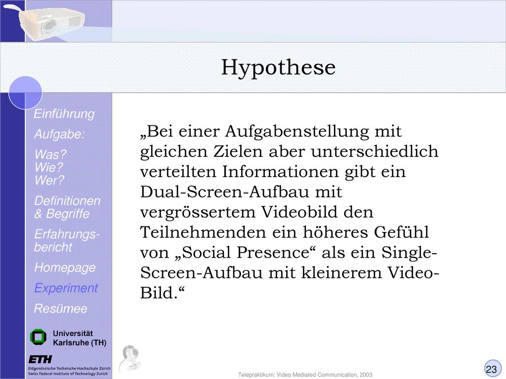 Hypothese Einführung. Aufgabe: Was Wie Wer Definitionen & Begriffe. Erfahrungs- bericht. Homepage.