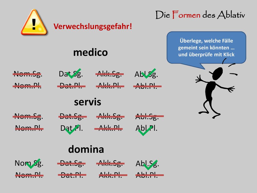 Überlege, welche Fälle gemeint sein könnten … und überprüfe mit Klick