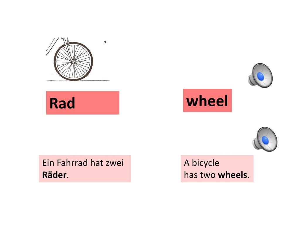 wheel Rad Ein Fahrrad hat zwei Räder. A bicycle has two wheels.
