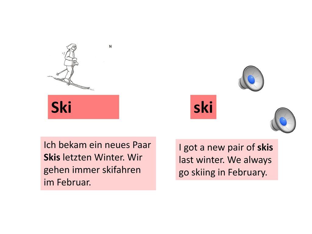 Ski ski. Ich bekam ein neues Paar Skis letzten Winter. Wir gehen immer skifahren im Februar. I got a new pair of skis.