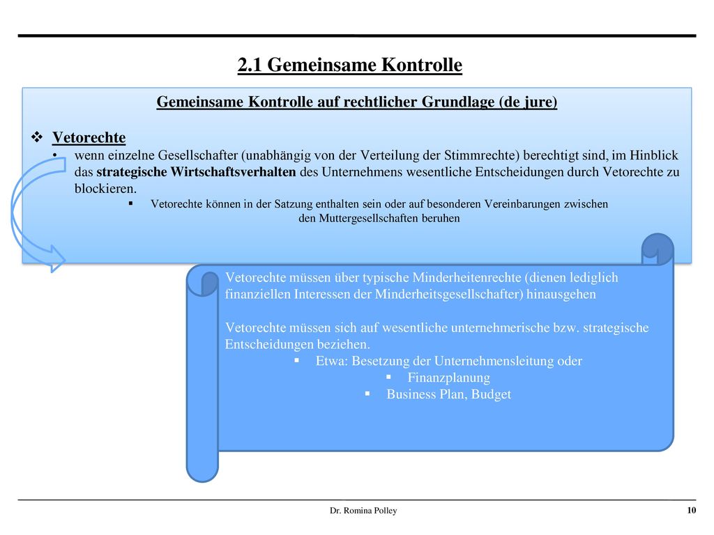 2.1 Gemeinsame Kontrolle Gemeinsame Kontrolle auf rechtlicher Grundlage (de jure) Vetorechte.