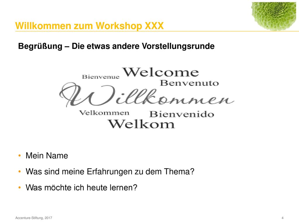 Aufbau Workshop Intro Willkommen & Vorstellung Ziele Workshop Inhalte