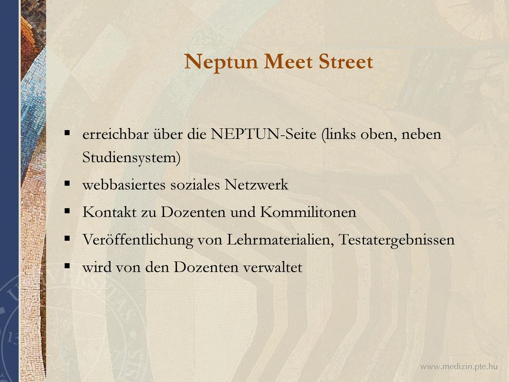 Neptun Meet Street erreichbar über die NEPTUN-Seite (links oben, neben Studiensystem) webbasiertes soziales Netzwerk.
