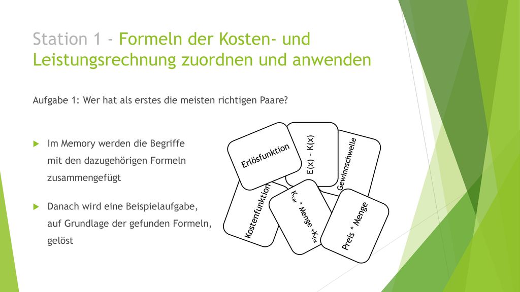 Station 1 - Formeln der Kosten- und Leistungsrechnung zuordnen und anwenden