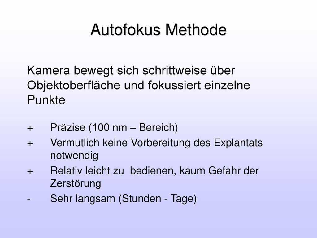 Autofokus Methode Kamera bewegt sich schrittweise über Objektoberfläche und fokussiert einzelne Punkte.