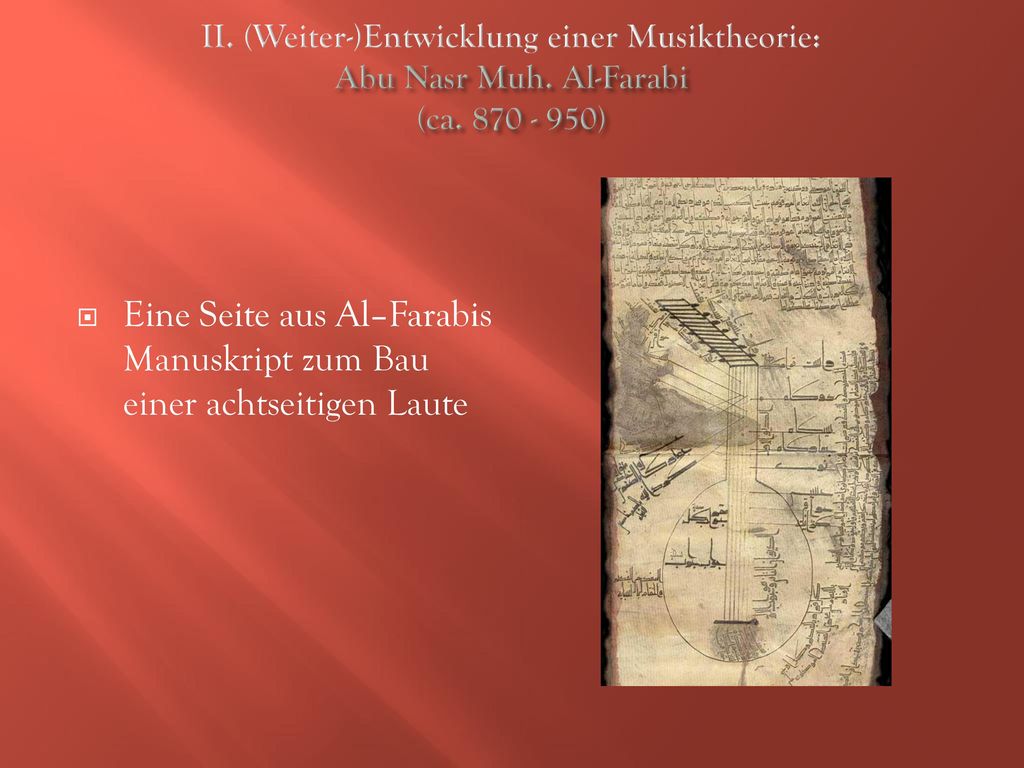 Eine Seite aus Al–Farabis Manuskript zum Bau einer achtseitigen Laute