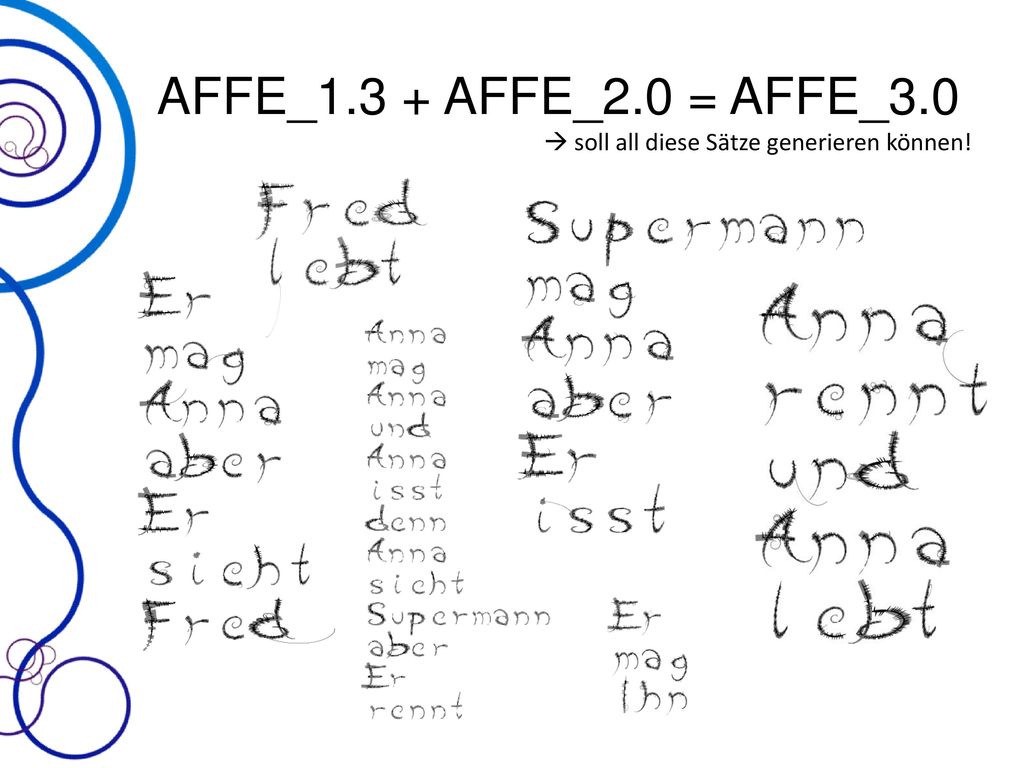 AFFE_1.3 + AFFE_2.0 = AFFE_3.0  soll all diese Sätze generieren können!