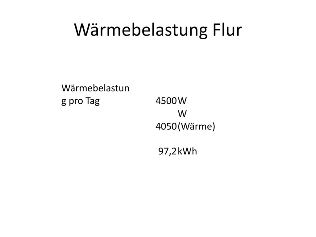 Wärmebelastung Flur Wärmebelastung pro Tag 4500 W 4050 W (Wärme) 97,2
