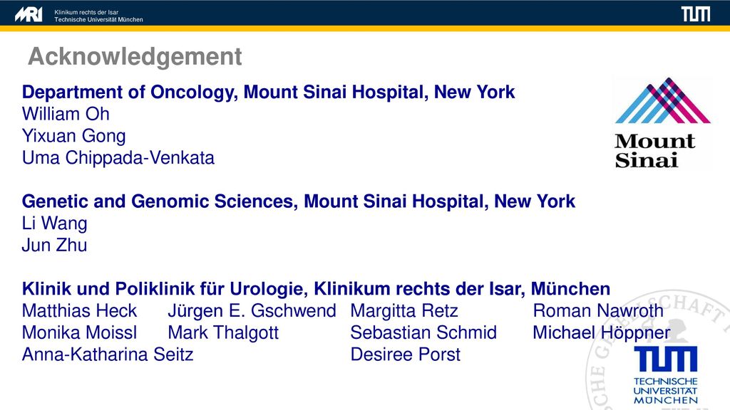 Acknowledgement Department of Oncology, Mount Sinai Hospital, New York
