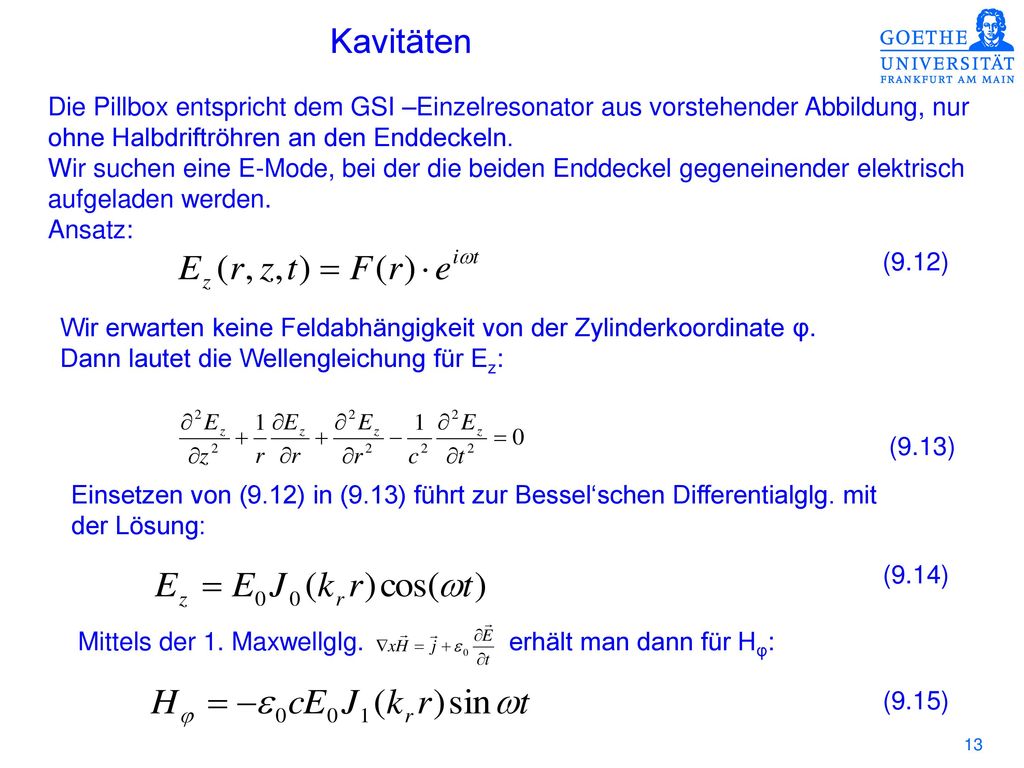 Kavitäten Die Pillbox entspricht dem GSI –Einzelresonator aus vorstehender Abbildung, nur. ohne Halbdriftröhren an den Enddeckeln.