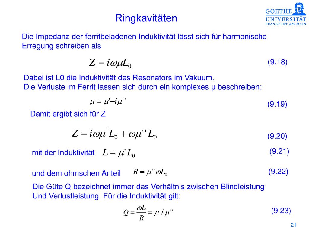 Ringkavitäten Die Impedanz der ferritbeladenen Induktivität lässt sich für harmonische. Erregung schreiben als.