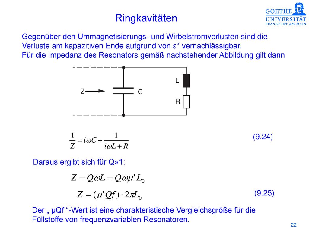 Ringkavitäten Gegenüber den Ummagnetisierungs- und Wirbelstromverlusten sind die. Verluste am kapazitiven Ende aufgrund von ε‘‘ vernachlässigbar.
