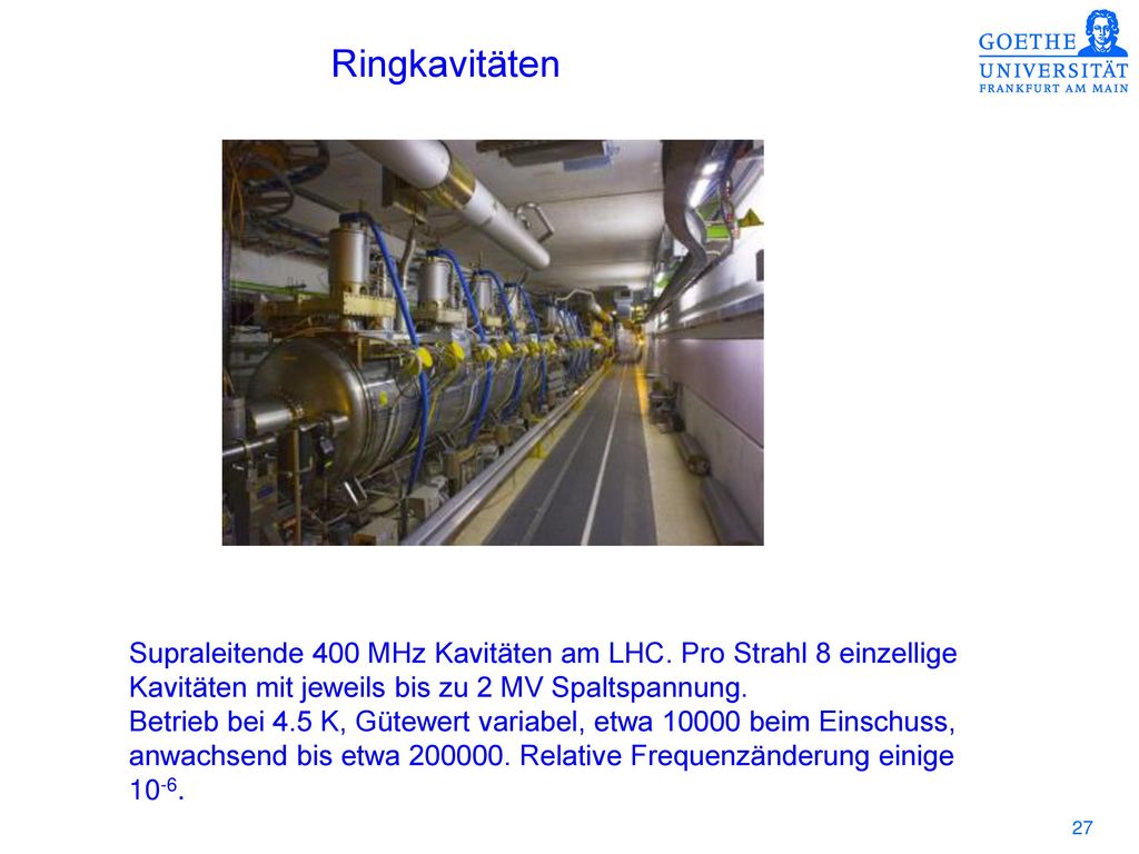 Ringkavitäten Supraleitende 400 MHz Kavitäten am LHC. Pro Strahl 8 einzellige. Kavitäten mit jeweils bis zu 2 MV Spaltspannung.