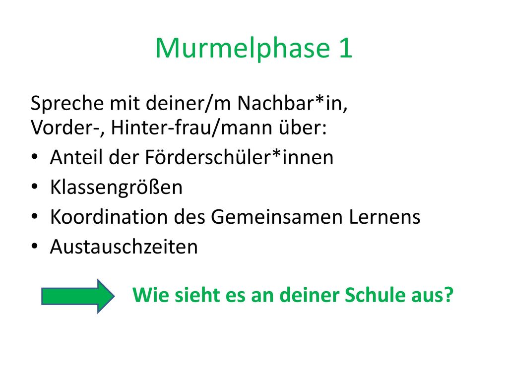 Murmelphase 1 Spreche mit deiner/m Nachbar*in, Vorder-, Hinter-frau/mann über: Anteil der Förderschüler*innen.
