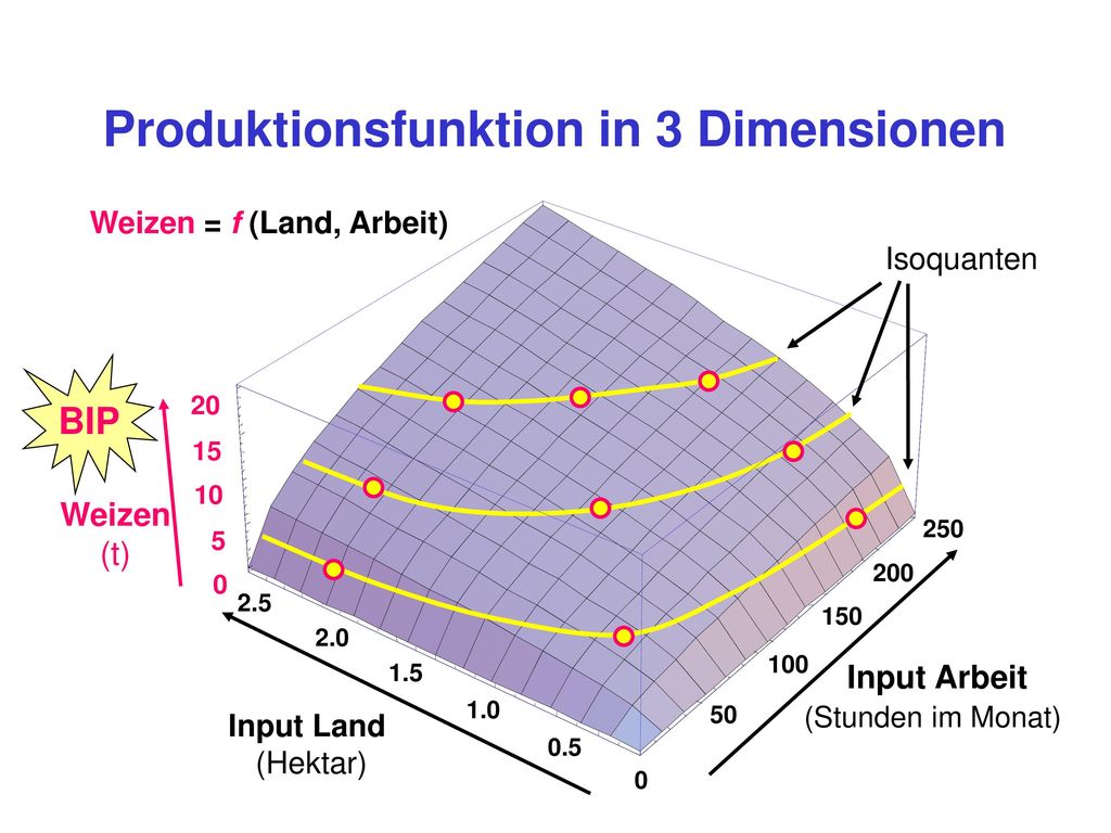 Produktionsfunktion in 3 Dimensionen Weizen = f (Land, Arbeit)