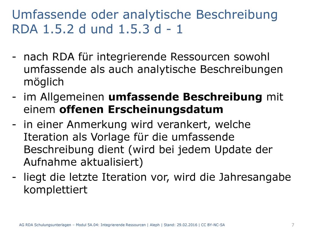 Umfassende oder analytische Beschreibung RDA d und d - 1