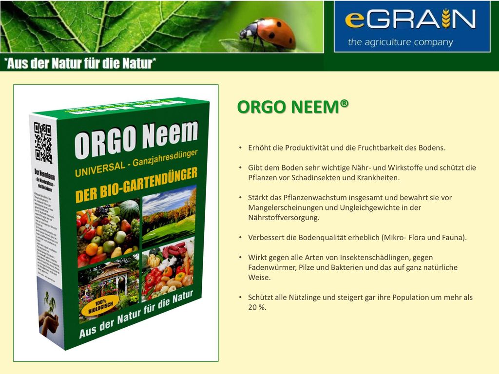 ORGO neem® Erhöht die Produktivität und die Fruchtbarkeit des Bodens.