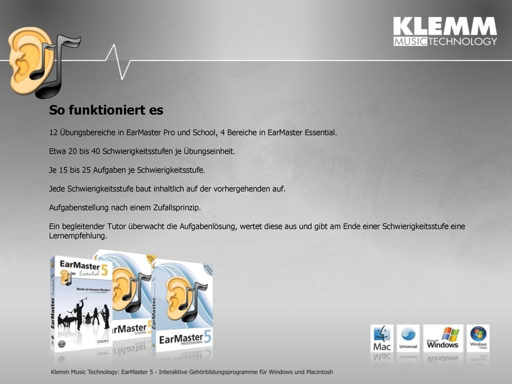 So funktioniert es 12 Übungsbereiche in EarMaster Pro und School, 4 Bereiche in EarMaster Essential.