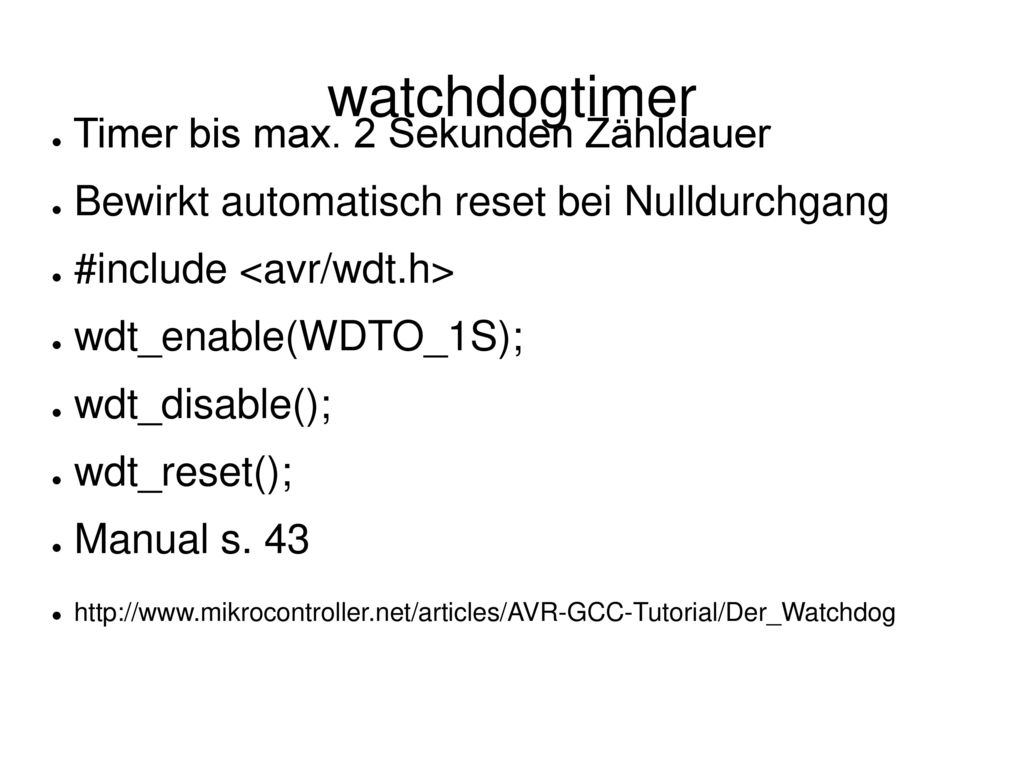 Timer1Off(); OCR2 = 0; // Dummyzugriff. while((ASSR & (1<< OCR2UB))); // Warte auf das Ende des Zugriffs.