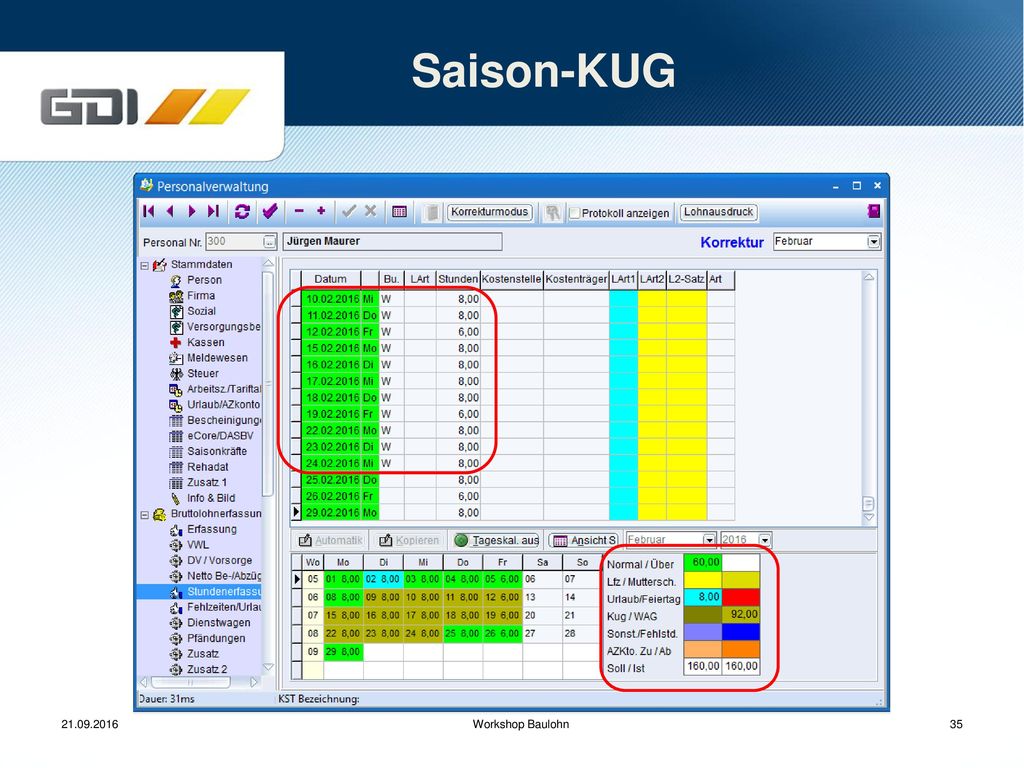 Saison-KUG Über die Buchungsart die Tage / Stunden erfassen